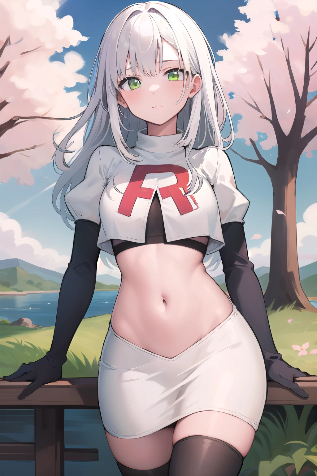 best quality, (masterpiece:1.2), illustration, absurdres,
(1girl), (solo), (beautiful detailed girl), 
white hair, long hair, green eyes, medium breasts
green beret, team rocket,team rocket uniform,white skirt,red letter R,crop top,black thigh-highs,black elbow gloves,
looking at viewer, 
distant mountains, cherry trees, cherry blossom, petals, river,