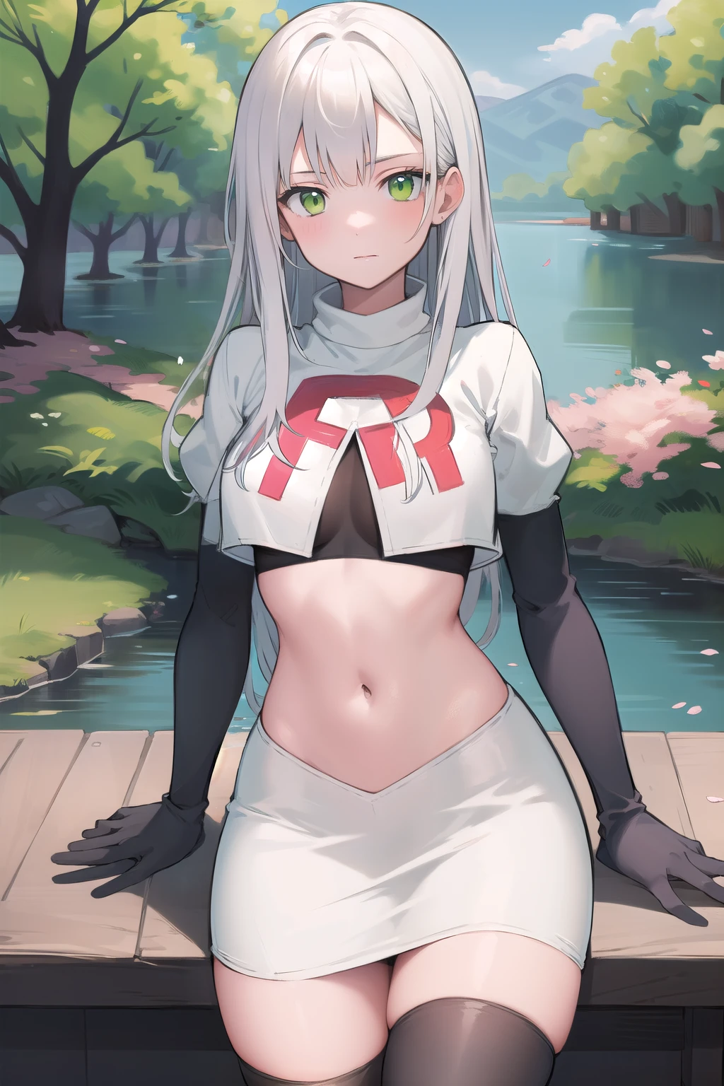 best quality, (masterpiece:1.2), illustration, absurdres,
(1girl), (solo), (beautiful detailed girl), 
white hair, long hair, green eyes, medium breasts
green beret, team rocket,team rocket uniform,white skirt,red letter R,crop top,black thigh-highs,black elbow gloves,
looking at viewer, 
distant mountains, cherry trees, cherry blossom, petals, river,