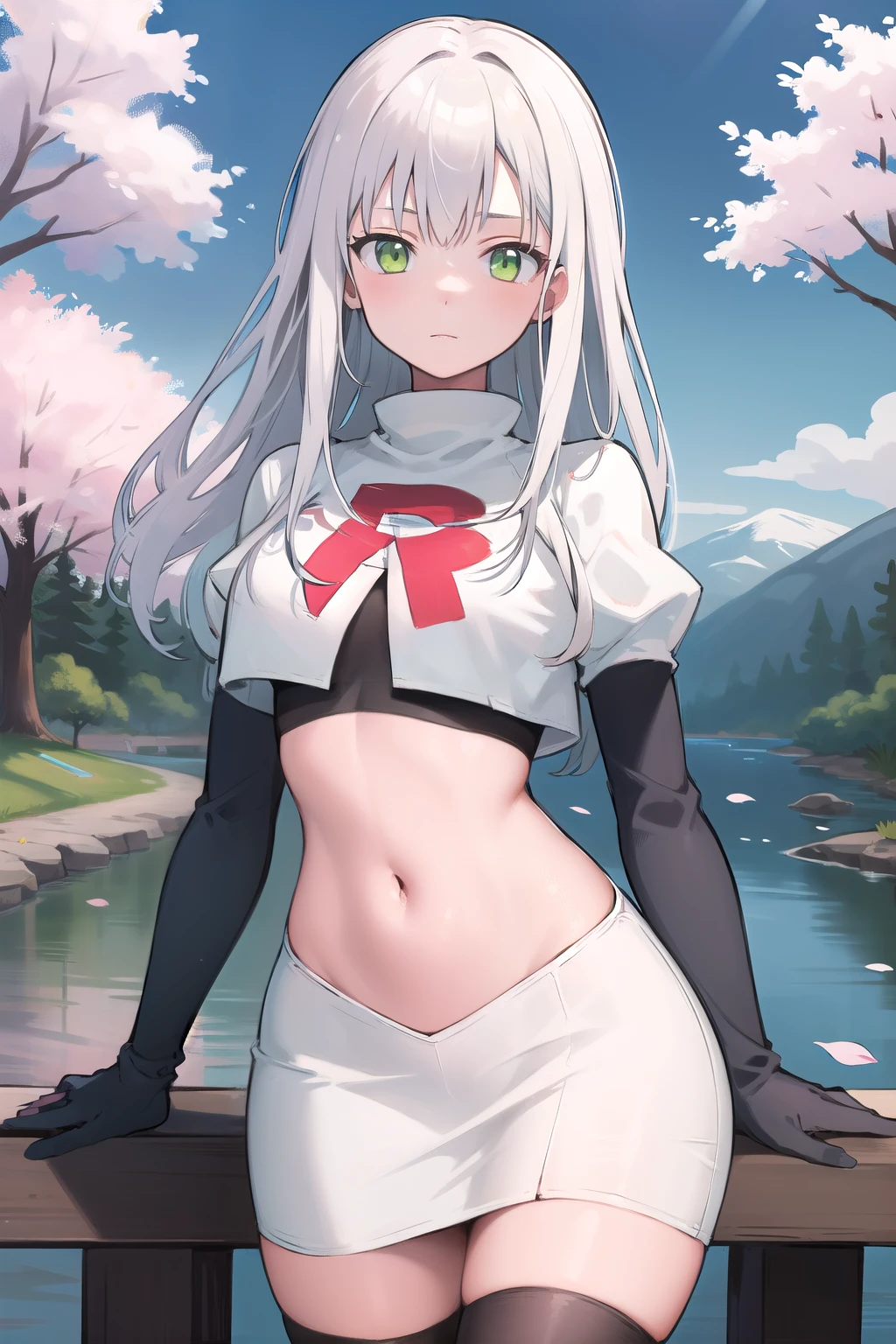 best quality, (masterpiece:1.2), illustration, absurdres,
(1girl), (solo), (beautiful detailed girl), 
white hair, long hair, green eyes, medium breasts
green beret, team rocket,team rocket uniform,white skirt,red letter R,crop top,black thigh-highs,black elbow gloves,
looking at viewer, 
distant mountains, cherry trees, cherry blossom, petals, river,