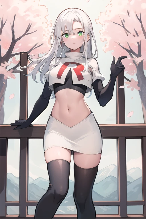 best quality, (masterpiece:1.2), illustration, absurdres,
(1girl), (solo), (beautiful detailed girl), 
white hair, long hair, green eyes, medium breasts
green beret, team rocket,team rocket uniform,white skirt,red letter R,crop top,black thigh-highs,black elbow gloves,
looking at viewer, 
distant mountains, cherry trees, cherry blossom, petals, river,