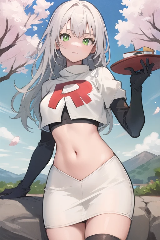 best quality, (masterpiece:1.2), illustration, absurdres,
(1girl), (solo), (beautiful detailed girl), 
white hair, long hair, green eyes, medium breasts
green beret, team rocket,team rocket uniform,white skirt,red letter R,crop top,black thigh-highs,black elbow gloves,
looking at viewer, 
distant mountains, cherry trees, cherry blossom, petals, river,