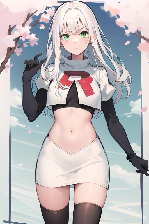 best quality, (masterpiece:1.2), illustration, absurdres,
(1girl), (solo), (beautiful detailed girl), 
white hair, long hair, green eyes, medium breasts
green beret, team rocket,team rocket uniform,white skirt,red letter R,crop top,black thigh-highs,black elbow gloves,
looking at viewer, 
distant mountains, cherry trees, cherry blossom, petals, river,