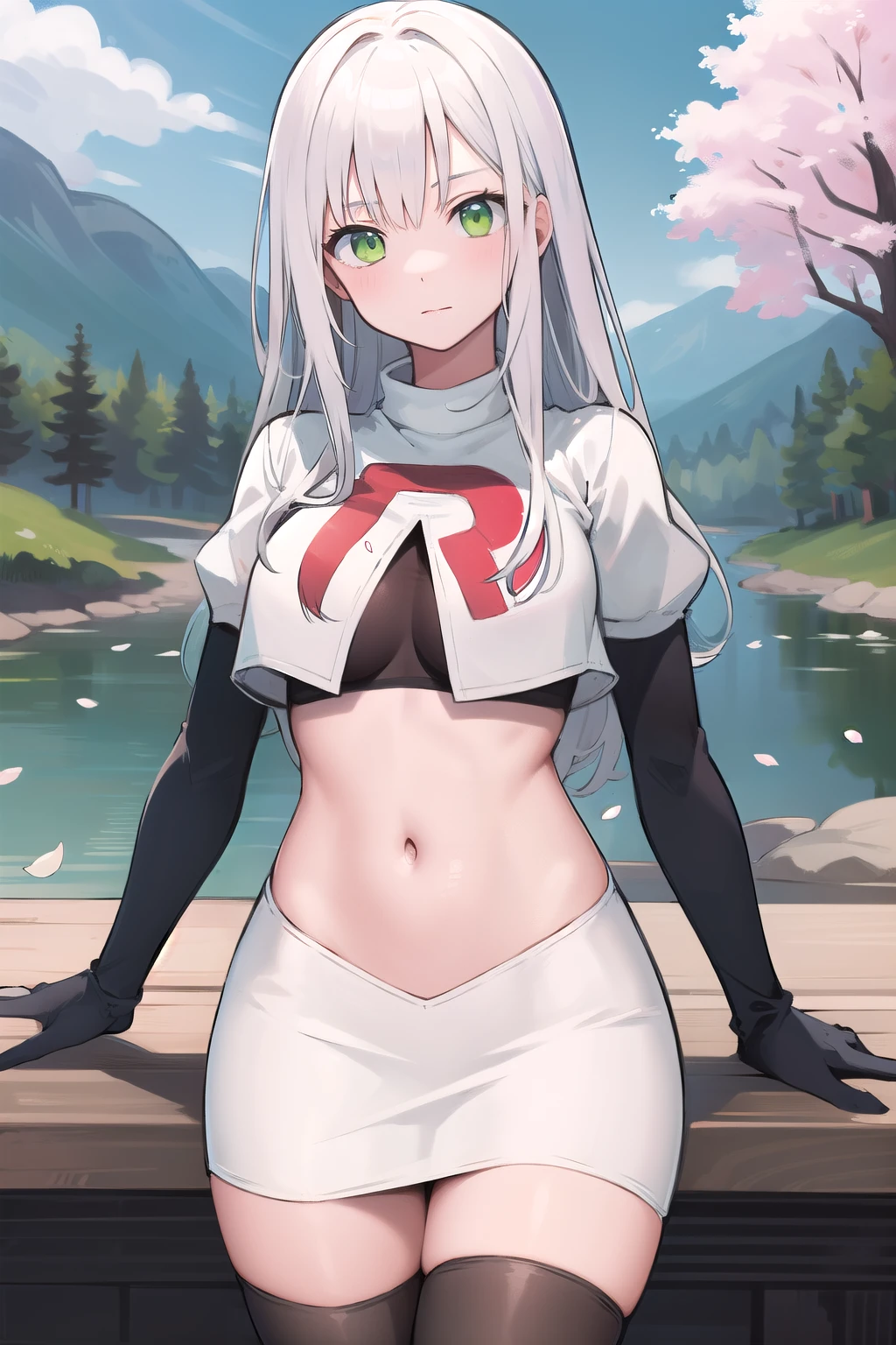 best quality, (masterpiece:1.2), illustration, absurdres,
(1girl), (solo), (beautiful detailed girl), 
white hair, long hair, green eyes, medium breasts
green beret, team rocket,team rocket uniform,white skirt,red letter R,crop top,black thigh-highs,black elbow gloves,
looking at viewer, 
distant mountains, cherry trees, cherry blossom, petals, river,