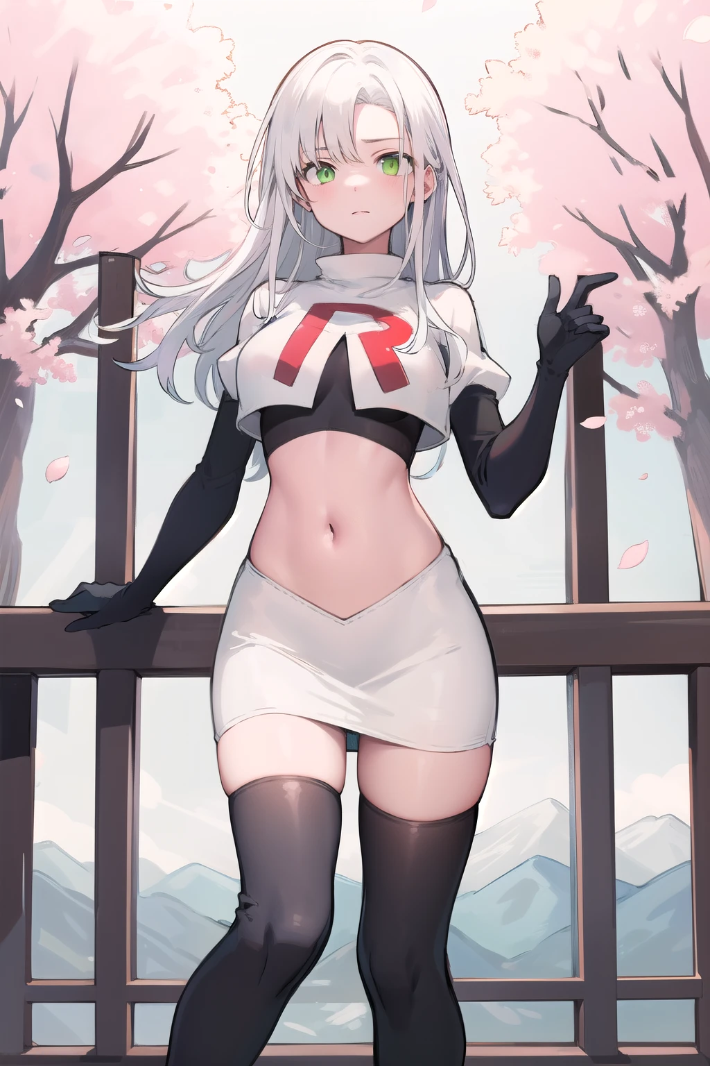 best quality, (masterpiece:1.2), illustration, absurdres,
(1girl), (solo), (beautiful detailed girl), 
white hair, long hair, green eyes, medium breasts
green beret, team rocket,team rocket uniform,white skirt,red letter R,crop top,black thigh-highs,black elbow gloves,
looking at viewer, 
distant mountains, cherry trees, cherry blossom, petals, river,