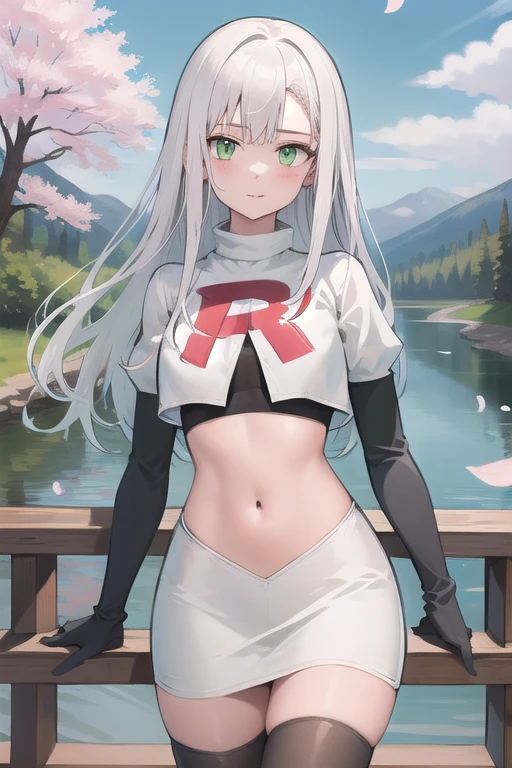 best quality, (masterpiece:1.2), illustration, absurdres,
(1girl), (solo), (beautiful detailed girl), 
white hair, long hair, green eyes, medium breasts
green beret, team rocket,team rocket uniform,white skirt,red letter R,crop top,black thigh-highs,black elbow gloves,
looking at viewer, 
distant mountains, cherry trees, cherry blossom, petals, river,