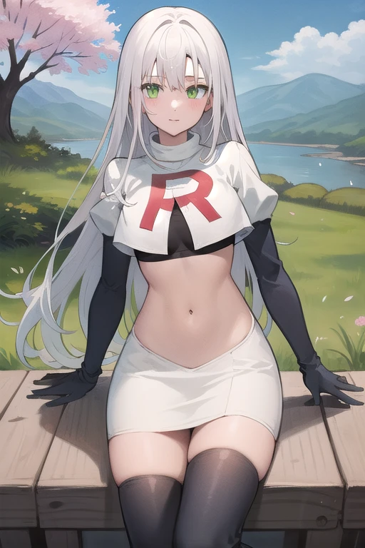 best quality, (masterpiece:1.2), illustration, absurdres,
(1girl), (solo), (beautiful detailed girl), 
white hair, long hair, green eyes, medium breasts
green beret, team rocket,team rocket uniform,white skirt,red letter R,crop top,black thigh-highs,black elbow gloves,
looking at viewer, 
distant mountains, cherry trees, cherry blossom, petals, river,