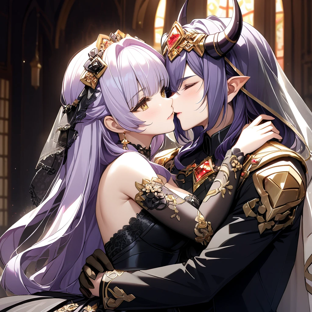 ((Highest quality)), ((masterpiece)), (detailed), （Perfect Face）、The woman has light purple hair in Extia Magica、The woman is wearing a gorgeous black wedding dress with gold embroidery and trim, and a black wedding veil, and is embracing and kissing the great demon king to celebrate their wedding.