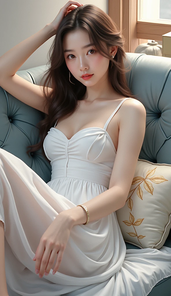 masutepiece, Best Quality, Illustration, Ultra-detailed, finely detail, hight resolution, in 8K, Perfect dynamic composition, Very fine eye definition, (Symmetrical eyes:1.3), Women's Fashion Summer,no shoulder mini dress、I can see the chest、Beautuful Women、sexypose、Slim body、Write（From thigh to head）、Sitting on a bench