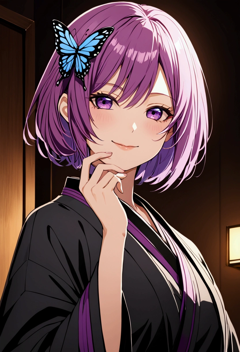 masterpiece, best quality,(detailed), 1girl, solo, kochou shinobu, butterfly hair ornament, purple eyes, multicolored hair, short hair, parted bangs,
haori, wide sleeves, long sleeves, black pants, black jacket, belt,
sexy, smile, from below, fingering, schlick, masturbation