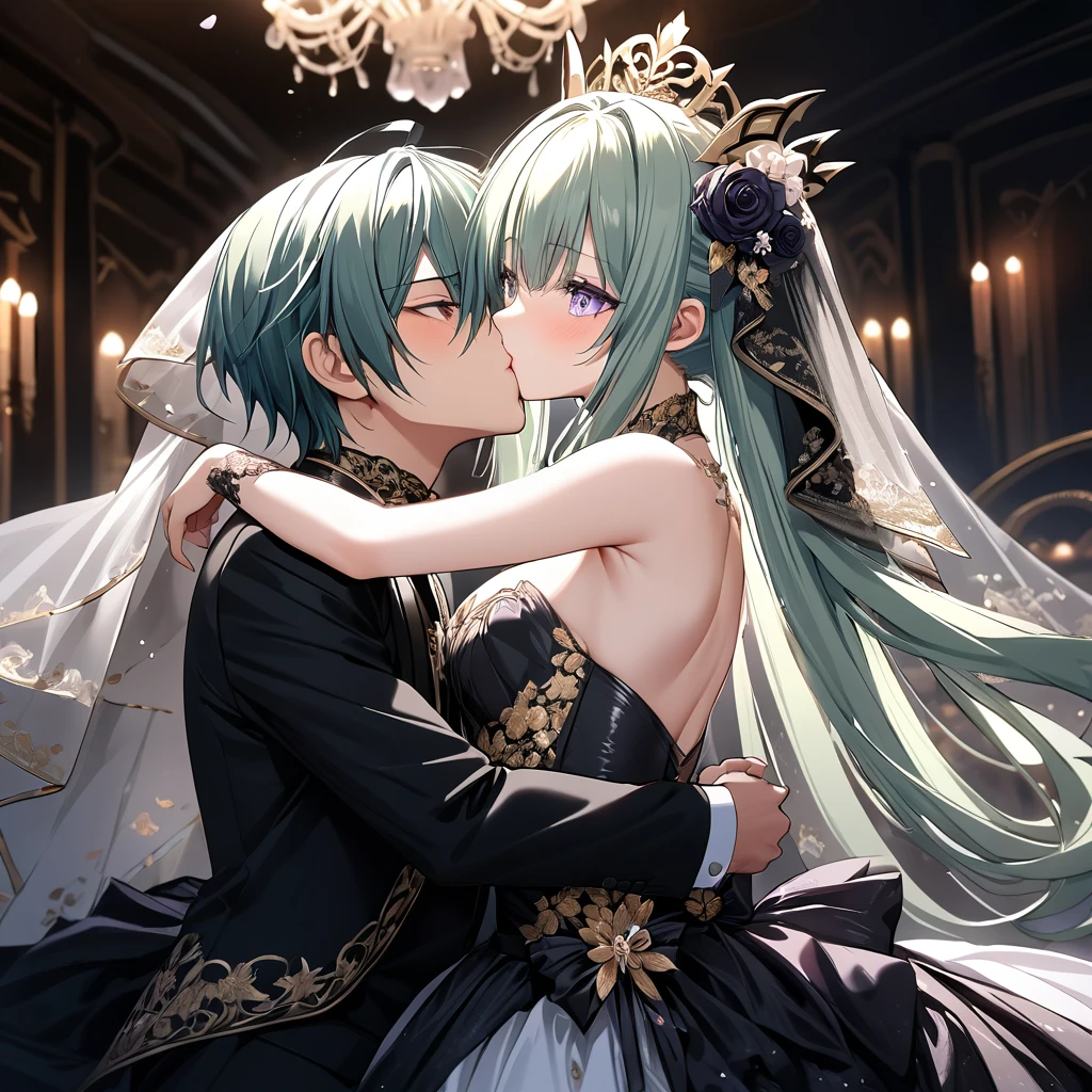 ((Highest quality)), ((masterpiece)), (detailed), （Perfect Face）、The woman is Extia Flora、The woman is wearing a gorgeous black wedding dress with gold embroidery and trim, and a black wedding veil, and is embracing and kissing the great demon king to celebrate their wedding.