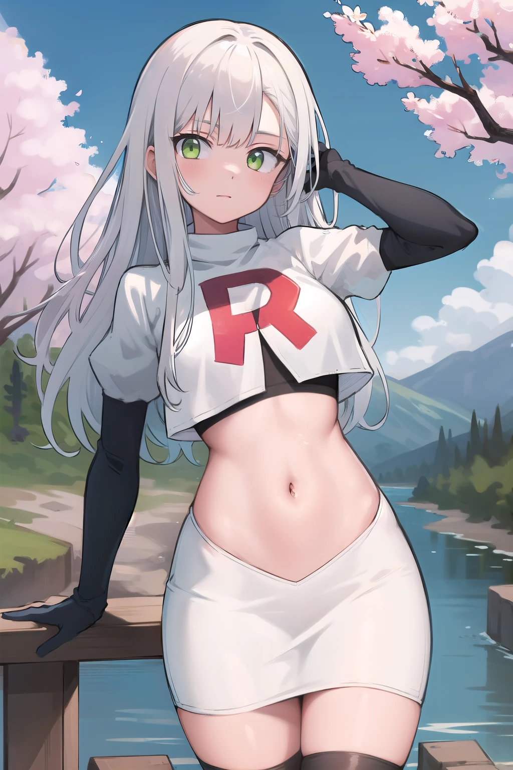 best quality, (masterpiece:1.2), illustration, absurdres,
(1girl), (solo), (beautiful detailed girl), 
white hair, long hair, green eyes, medium breasts
green beret, team rocket,team rocket uniform,white skirt,red letter R,crop top,black thigh-highs,black elbow gloves,
looking at viewer, 
distant mountains, cherry trees, cherry blossom, petals, river,