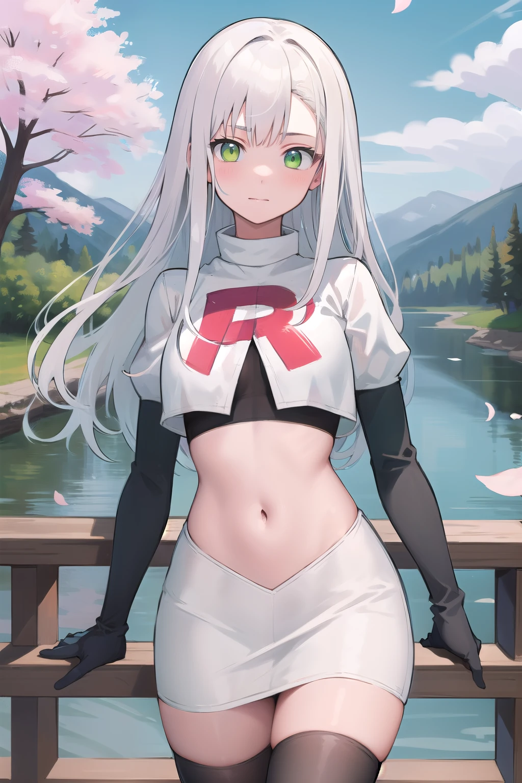 best quality, (masterpiece:1.2), illustration, absurdres,
(1girl), (solo), (beautiful detailed girl), 
white hair, long hair, green eyes, medium breasts
green beret, team rocket,team rocket uniform,white skirt,red letter R,crop top,black thigh-highs,black elbow gloves,
looking at viewer, 
distant mountains, cherry trees, cherry blossom, petals, river,