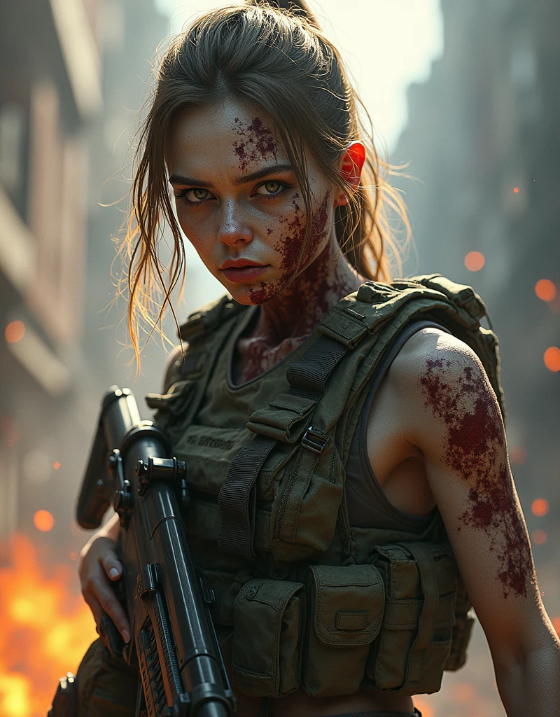 Helen Skelton, Vietnam War era, close-up action shot from ground level, naked US soldier in action, topless, frowning, sweating, damp blonde hair, bloodied and bruised, sunny, holding M16 assault rifle, on a bloody battlefield, explosion, fires