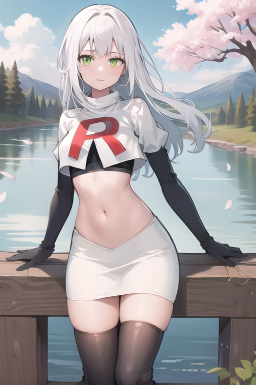 best quality, (masterpiece:1.2), illustration, absurdres,
(1girl), (solo), (beautiful detailed girl), 
white hair, long hair, green eyes, medium breasts
green beret, team rocket,team rocket uniform,white skirt,red letter R,crop top,black thigh-highs,black elbow gloves,
looking at viewer, 
distant mountains, cherry trees, cherry blossom, petals, river,