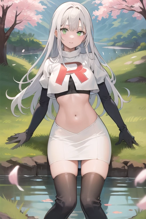 best quality, (masterpiece:1.2), illustration, absurdres,
(1girl), (solo), (beautiful detailed girl), 
white hair, long hair, green eyes, medium breasts
green beret, team rocket,team rocket uniform,white skirt,red letter R,crop top,black thigh-highs,black elbow gloves,
looking at viewer, 
distant mountains, cherry trees, cherry blossom, petals, river,