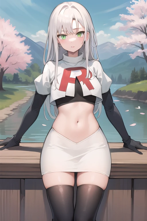 best quality, (masterpiece:1.2), illustration, absurdres,
(1girl), (solo), (beautiful detailed girl), 
white hair, long hair, green eyes, medium breasts
green beret, team rocket,team rocket uniform,white skirt,red letter R,crop top,black thigh-highs,black elbow gloves,
looking at viewer, 
distant mountains, cherry trees, cherry blossom, petals, river,