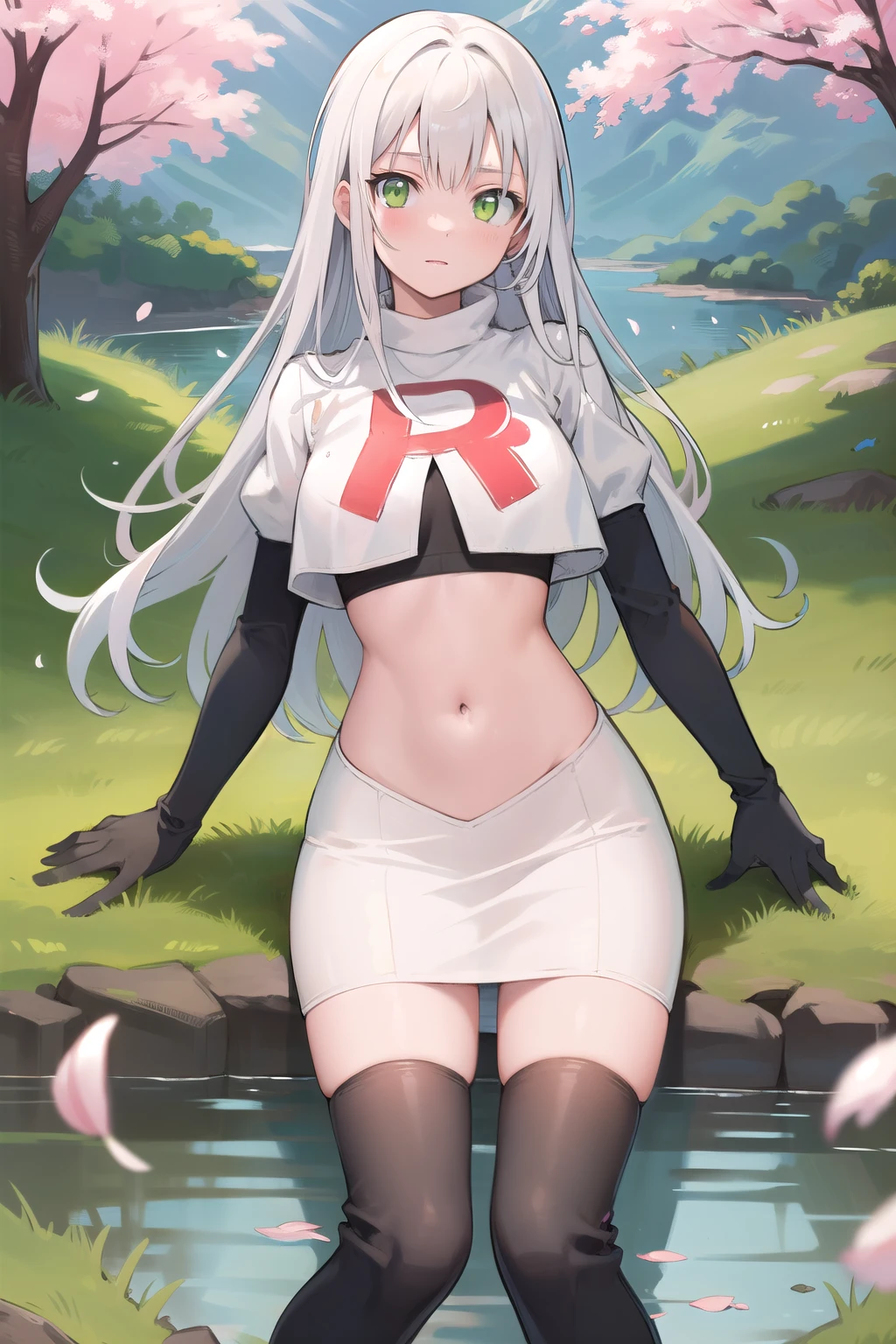 best quality, (masterpiece:1.2), illustration, absurdres,
(1girl), (solo), (beautiful detailed girl), 
white hair, long hair, green eyes, medium breasts
green beret, team rocket,team rocket uniform,white skirt,red letter R,crop top,black thigh-highs,black elbow gloves,
looking at viewer, 
distant mountains, cherry trees, cherry blossom, petals, river,