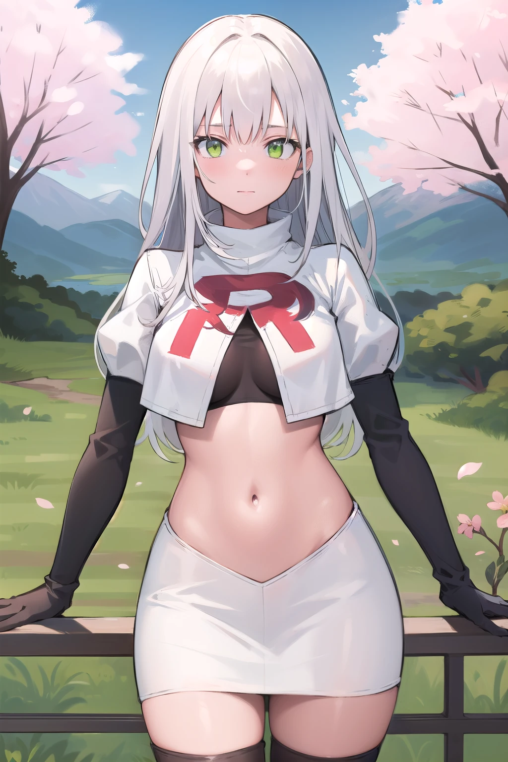 best quality, (masterpiece:1.2), illustration, absurdres,
(1girl), (solo), (beautiful detailed girl), 
white hair, long hair, green eyes, medium breasts
green beret, team rocket,team rocket uniform,white skirt,red letter R,crop top,black thigh-highs,black elbow gloves,
looking at viewer, 
distant mountains, cherry trees, cherry blossom, petals, river,