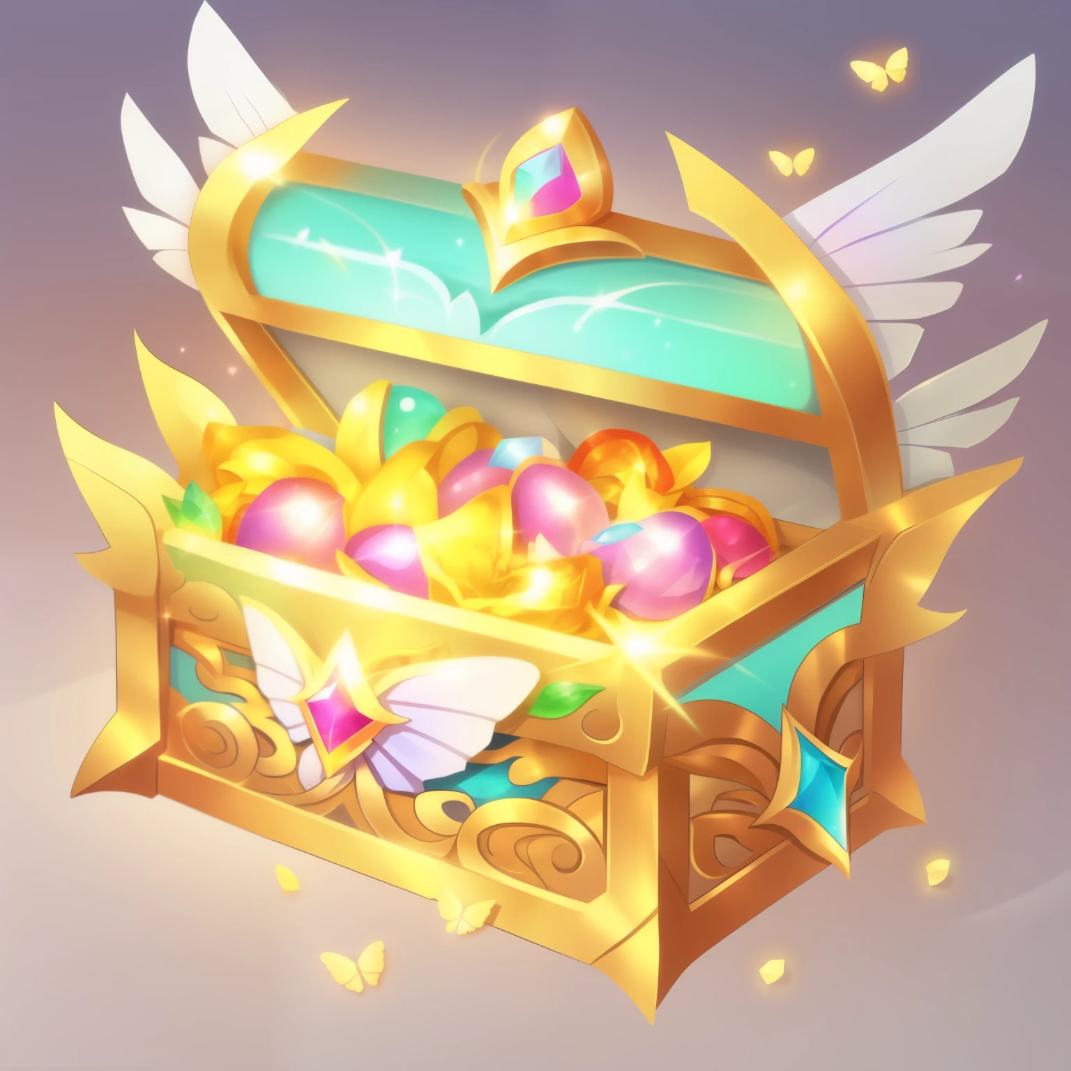 （tmasterpiece，top-quality，best qualityer，offcial art，Beautiful beauty：1.2），（8k，best qualityer，tmasterpiece：1.2），（（（white backgrounid，）））
（item/Baoxiang）， fanciful， treasure chests， A treasure box with butterfly wings，colorful with gems, magical vibes