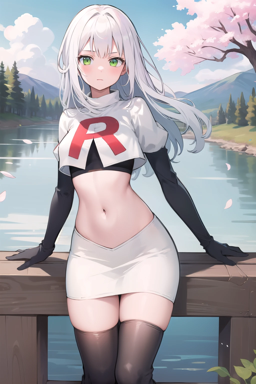 best quality, (masterpiece:1.2), illustration, absurdres,
(1girl), (solo), (beautiful detailed girl), 
white hair, long hair, green eyes, medium breasts
green beret, team rocket,team rocket uniform,white skirt,red letter R,crop top,black thigh-highs,black elbow gloves,
looking at viewer, 
distant mountains, cherry trees, cherry blossom, petals, river,