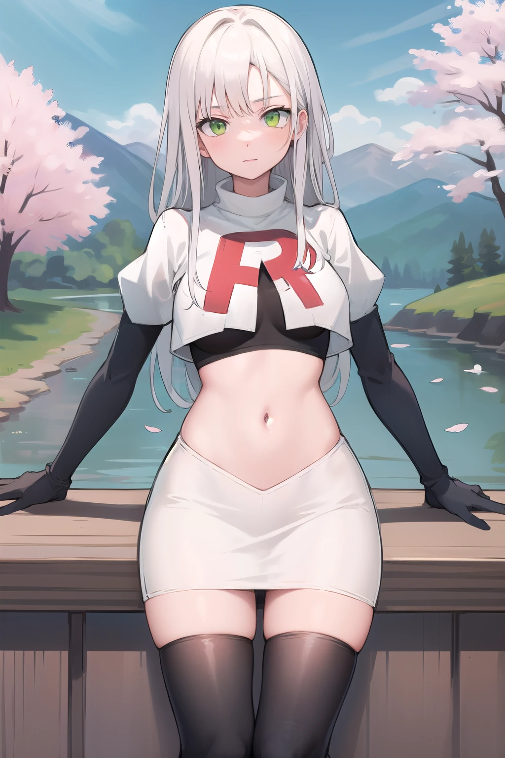 best quality, (masterpiece:1.2), illustration, absurdres,
(1girl), (solo), (beautiful detailed girl), 
white hair, long hair, green eyes, medium breasts
green beret, team rocket,team rocket uniform,white skirt,red letter R,crop top,black thigh-highs,black elbow gloves,
looking at viewer, 
distant mountains, cherry trees, cherry blossom, petals, river,