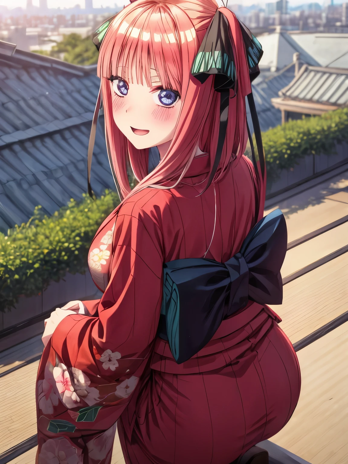 best quality, insanely detailed, nino nakano, breasts, blush, looking at viewer, cheerful eyes, arousal, kimono, highleg kimono, tight kimono, roof top background, Squat, from behind