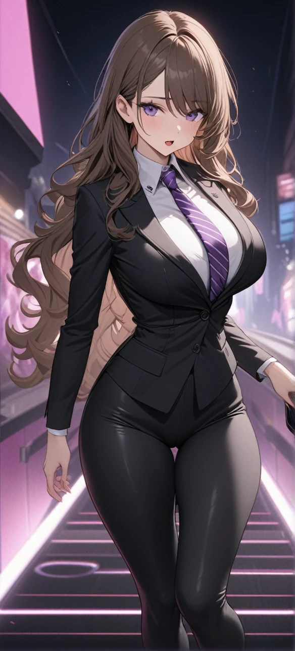 ((masterpiece)), ((high quality)),((ultra-detailed)), ((extremely detailed)),(character portrait), 4K,8K,wearing black pants suit, white collared shirt, black pants, 21yo, a beautiful woman, very tall woman with great style, perfect big breasts, perfect big ass, tight suit, slender body, 1girl, solo, middle long wavy hair, brown hair with red accent, swept bangs, perfect hands, perfect face, perfect purple eyes, perfect body, beautiful legs, pink heart background, cinema lightning, purple striped patterned necktie, cold beauty, open mouth, close eyes, front view, full body