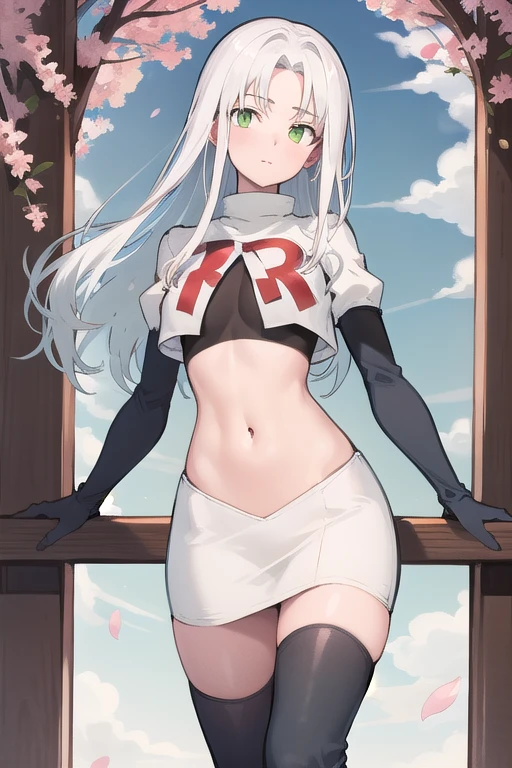 best quality, (masterpiece:1.2), illustration, absurdres,
(1girl), (solo), (beautiful detailed girl), 
white hair, long hair, green eyes, medium breasts
green beret, team rocket,team rocket uniform,white skirt,red letter R,crop top,black thigh-highs,black elbow gloves,
looking at viewer, 
distant mountains, cherry trees, cherry blossom, petals, river,