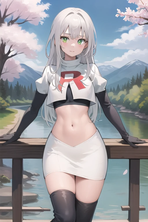 best quality, (masterpiece:1.2), illustration, absurdres,
(1girl), (solo), (beautiful detailed girl), 
white hair, long hair, green eyes, medium breasts
green beret, team rocket,team rocket uniform,white skirt,red letter R,crop top,black thigh-highs,black elbow gloves,
looking at viewer, 
distant mountains, cherry trees, cherry blossom, petals, river,