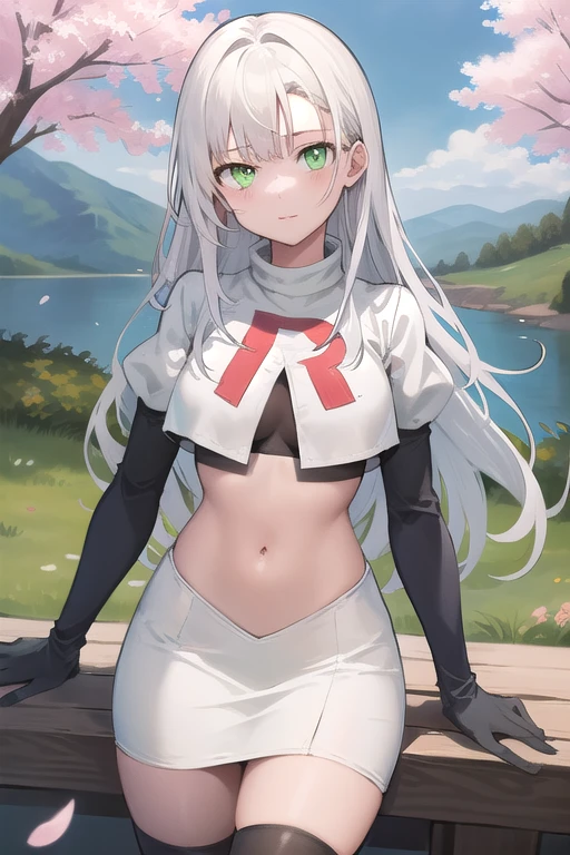 best quality, (masterpiece:1.2), illustration, absurdres,
(1girl), (solo), (beautiful detailed girl), 
white hair, long hair, green eyes, medium breasts
green beret, team rocket,team rocket uniform,white skirt,red letter R,crop top,black thigh-highs,black elbow gloves,
looking at viewer, 
distant mountains, cherry trees, cherry blossom, petals, river,