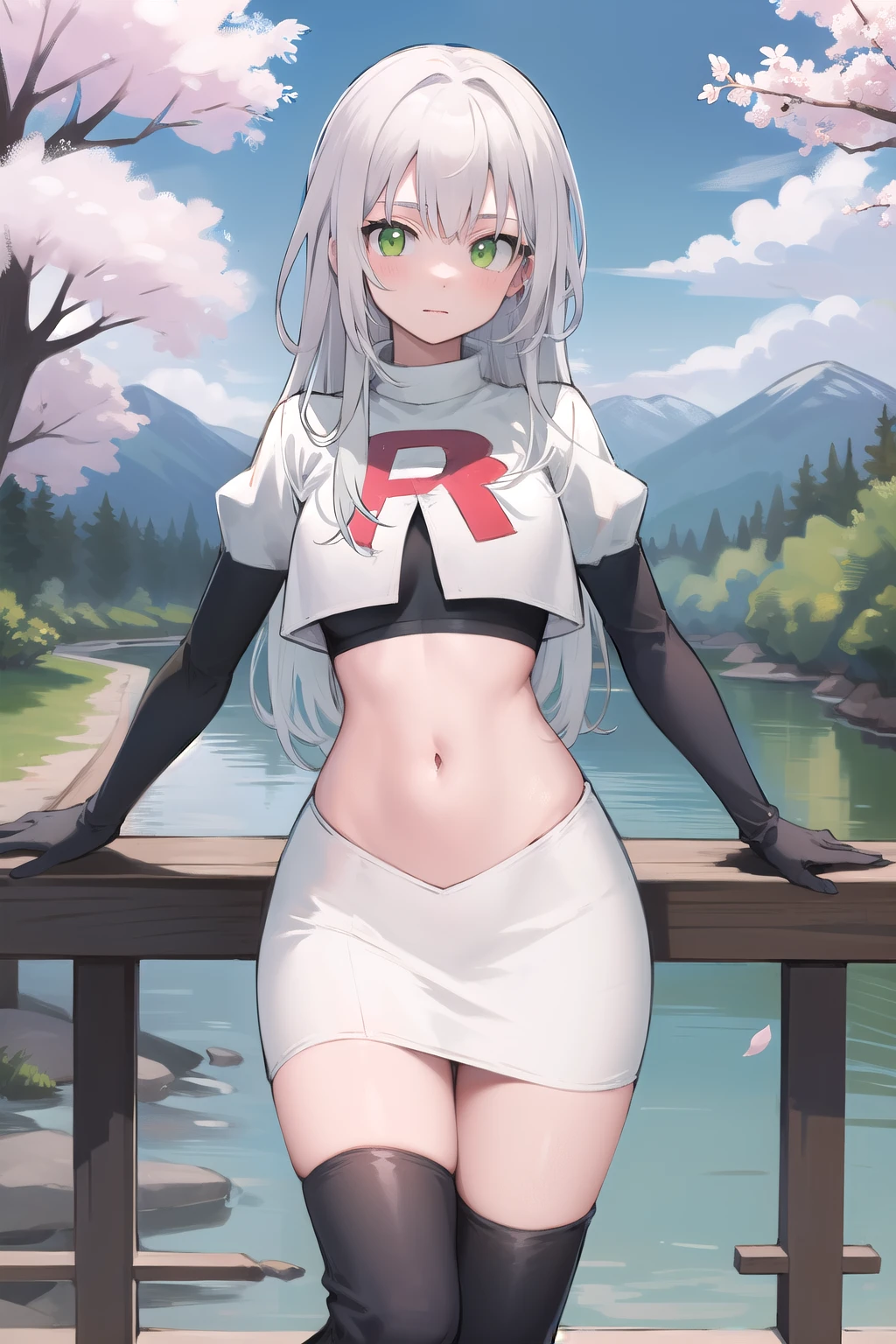 best quality, (masterpiece:1.2), illustration, absurdres,
(1girl), (solo), (beautiful detailed girl), 
white hair, long hair, green eyes, medium breasts
green beret, team rocket,team rocket uniform,white skirt,red letter R,crop top,black thigh-highs,black elbow gloves,
looking at viewer, 
distant mountains, cherry trees, cherry blossom, petals, river,