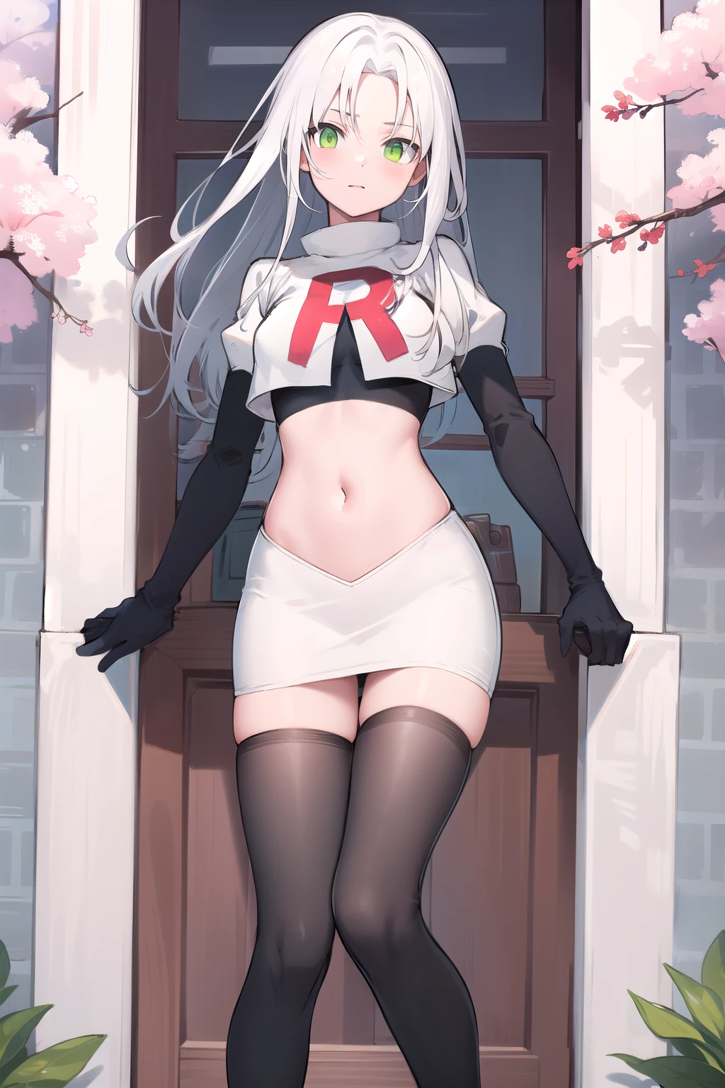 best quality, (masterpiece:1.2), illustration, absurdres,
(1girl), (solo), (beautiful detailed girl), 
white hair, long hair, green eyes, medium breasts
green beret, team rocket,team rocket uniform,white skirt,red letter R,crop top,black thigh-highs,black elbow gloves,
looking at viewer, 
distant mountains, cherry trees, cherry blossom, petals, river,