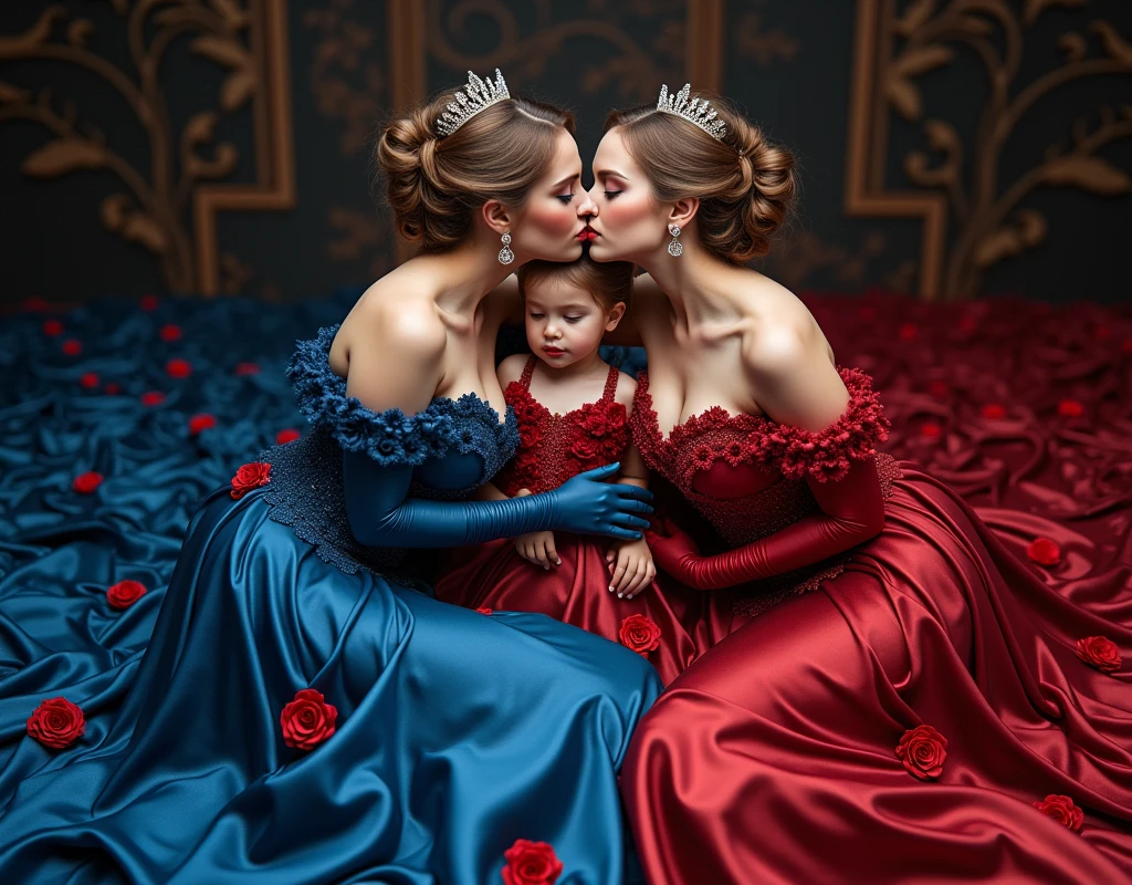 highest quality, masterpiece, highest resolution, artwork, super それにget used to it, many get used to it, get used to it, それにget used to it,((close-up angle shows full entire three persons))love,two adult woman kissing her daughter,romantic,honeymoon,three females in hair tied up,mothers and daughter, three females kissed surrounded satin silk fabric entire floor and room,two mothers with jewellry and full tiara sitting hug kissing their daughter on the floor,two females surrounded in luxurious deep blue and crimson satin dresses and satin silk cape,((deep blue and crimson satin elegant comfy dresses with a large and long skirt surrounding and covering the mattress)),outter train satin silk cape,deep blue and crimson pleasure satin evening dresses rose flowers on dress motive,satin silk cape fabric ,((Gorgeous goddess rococo robe satin dress with voluminous full-length hoop skirt)),deep blue and crimson long sleeve with gloves,long train skirt comfy dresses,A comfy dress with full satin fabric...,luxury shiny satin fabric,((Palace full luxurious extend side deep blue and crimson shiny satin fabric flooding on the mattress)), entire floor covered by extend stretched flares train skirt dresses fabric,((extend side of deep blue and crimson satin fabric)),Frilled silk full crimson fabric,many rose flowers on the floor, many rose flowers motive enitre the dresses,((two mothers and daughter sitting hug kissed each other while wrapped in deep blue and crimson satin dresses skirt on the mattress)),luxurious shiny satin skirt fabrics, shiny satin silk cape