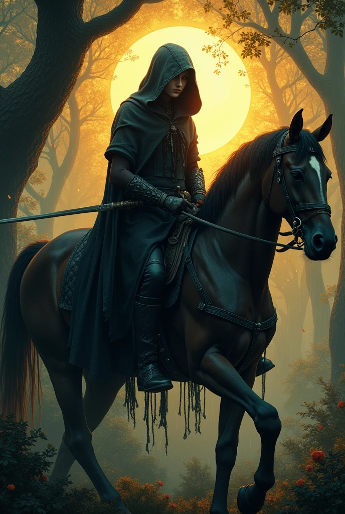 Nature at sunset, the Venus, spiritual, surreal, trees, Paradise Lost, A young emo female assassin, her face is covered by a hood, and a scar on her left eye, horseback with long sword, in the style of fantasy art, dark and rainy background, fantasy, dark souls, very sharp focus,  renaissance style, illustration, bathing in light,  etching, ultra realistic illustration, close-up rendering, Mysterious