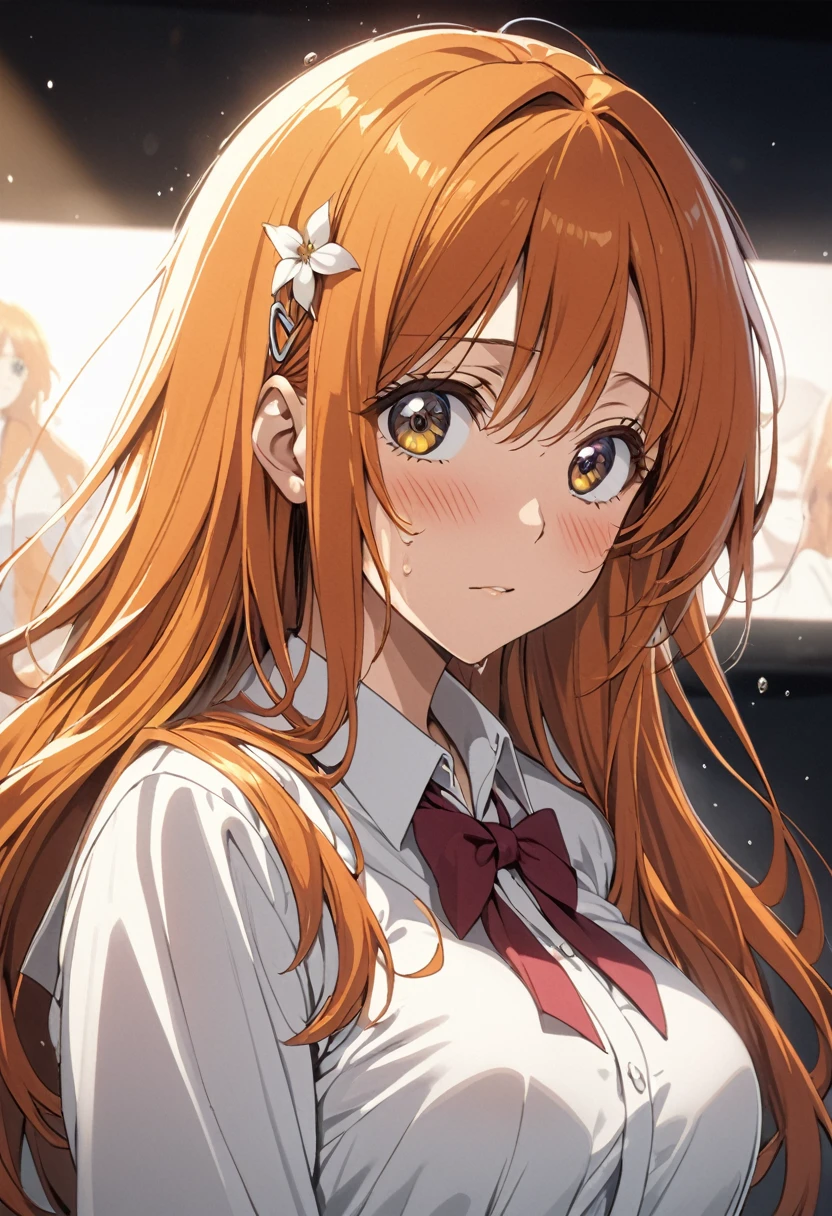 masterpiece, Highest quality, High resolution, (Orihime Inoue),(bleach),1990s \(style\),F cup breasts、height: 160cm,Sweating all over the body,独奏,Anime-style painting style, Orange Hair,Long Hair,Small white flower-shaped hair clip,drooping corners of the eyes、Big eyes、school uniform,Composition focusing on the upper body,blush,Cinema Lighting