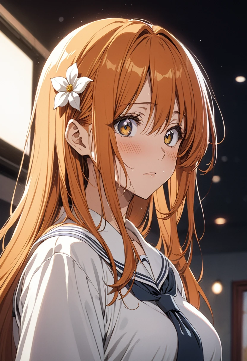 masterpiece, Highest quality, High resolution, (Orihime Inoue),(bleach),1990s \(style\),F cup breasts、height: 160cm,Sweating all over the body,独奏,Anime-style painting style, Orange Hair,Long Hair,Small white flower-shaped hair clip,drooping corners of the eyes、Big eyes、school uniform,Composition focusing on the upper body,blush,Cinema Lighting