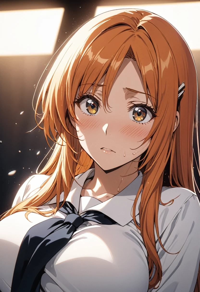 masterpiece, Highest quality, High resolution, (Orihime Inoue),(bleach),1990s \(style\),F cup breasts、height: 160cm,Sweating all over the body,独奏,Anime-style painting style, Orange Hair,Long Hair,Small white flower-shaped hair clip,drooping corners of the eyes、Big eyes、school uniform,Composition focusing on the upper body,blush,Cinema Lighting