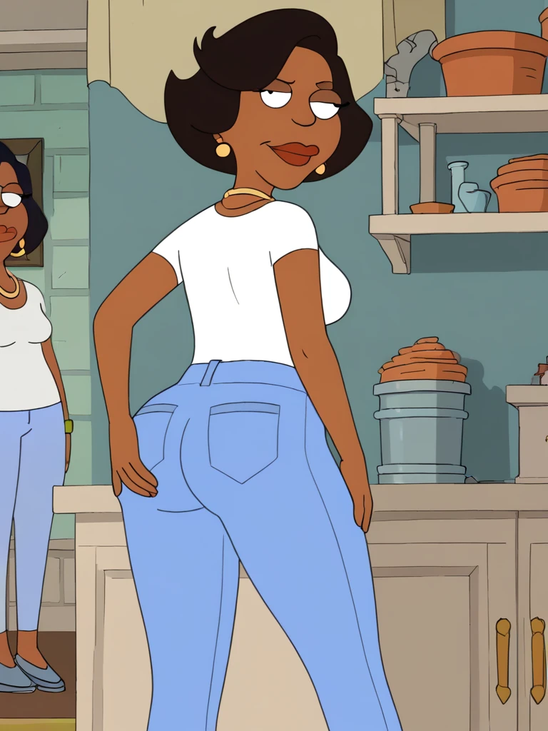 donna, dark skin, black hair, dark-skinned female, 1girl, jewelry, earrings, short hair, solo, necklace, flat color, shirt, white shirt, lipstick, pants, blue pants,hand on own ass, looking at viewer, mature female,score_9, score_8_up, score_7_up, back view, ass, bedroom,