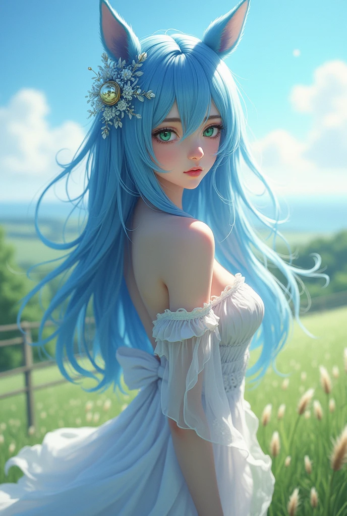 (Highest quality、Highest quality、Masterpiece、Very delicate、Very detailed、Exquisite、16K、Full HD)、1 female、(White mini skirt flare dress、Green decoration、ribbon、White frills)、Perfect body line、Glowing Skin、(Groomed eyebrows、Pink Lips、Blue Eyes、Detailed eyes)、(Golden Hair、ponytail、Shiny Hair)、Dynamic Pose、Dramatic lighting、(grassland、flower、Wind)