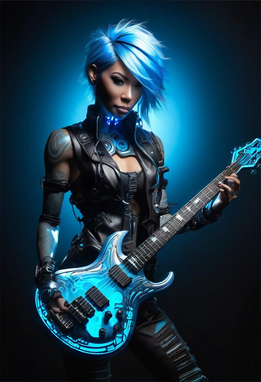 Cyborg guitar, frostbite, Jensana, Artgerm, Symmetric light blue, Black background, Epic composition, Wide angle --ar 16:9, necromancer, Seb McKinnon