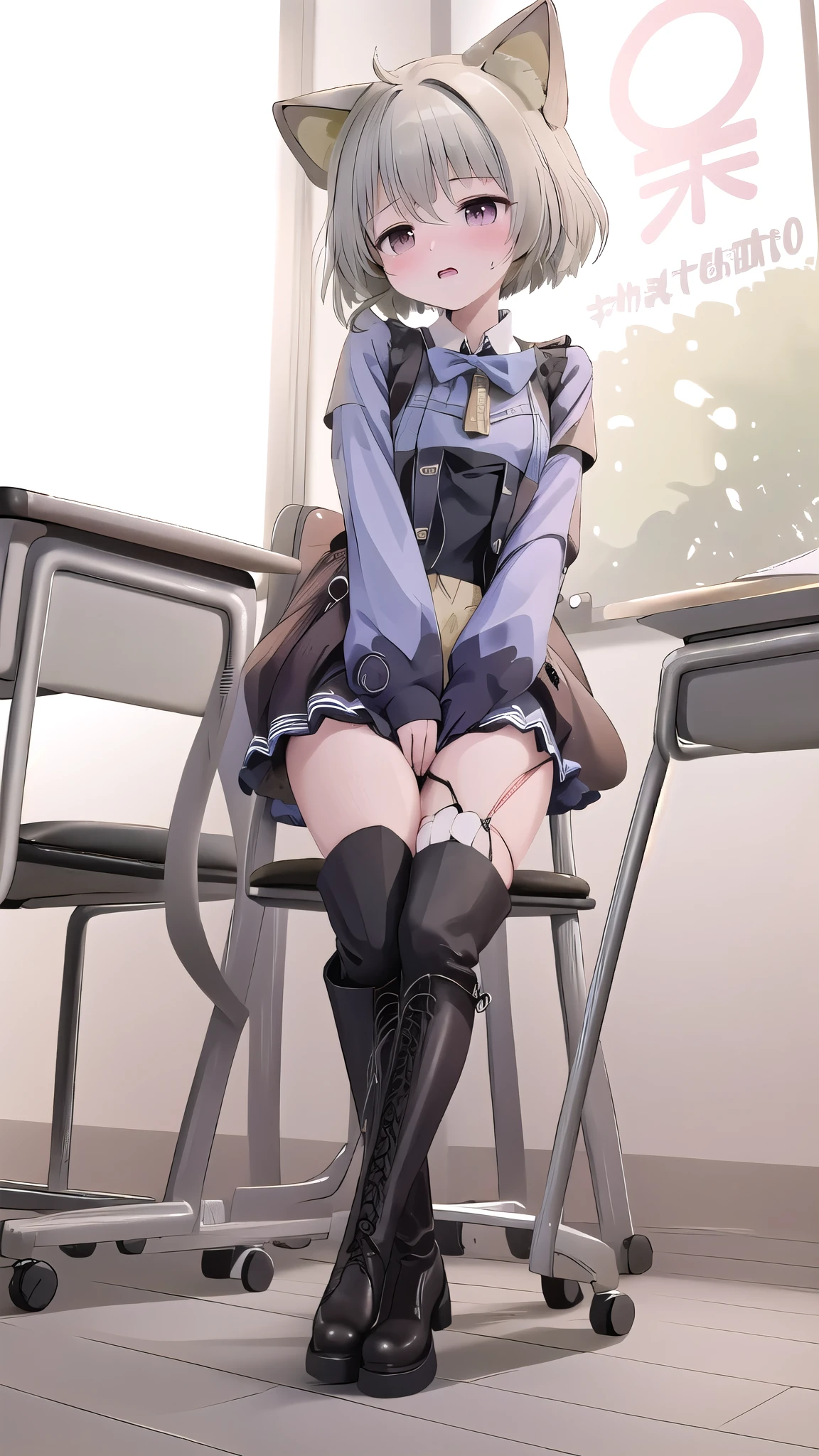 best quality，（Kawaii：1.1），（charming），（high resolution：1.2），Incredibly ridiculous resources：1.3，Incredibly beautiful illustrations，charming女性 ，peeing self，black leather boots，peeing，Wetting self desperation in the classroom