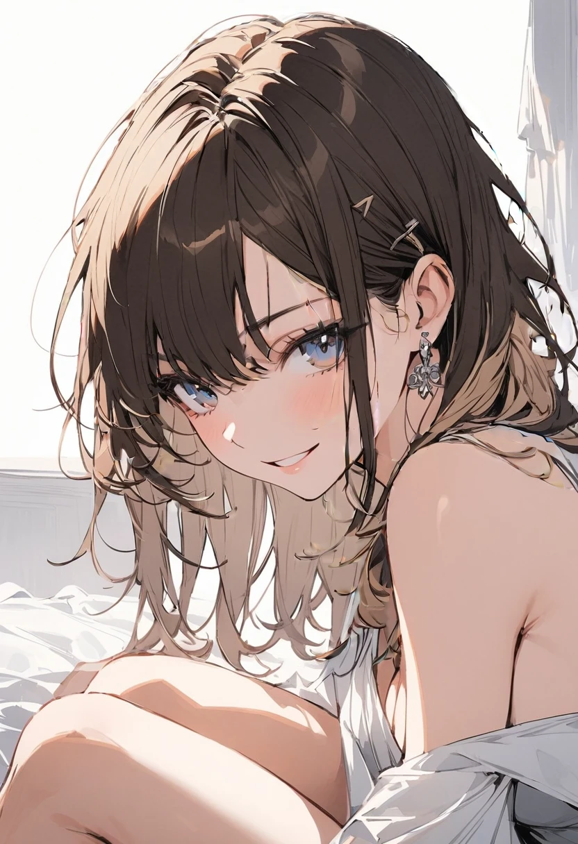 (muste piece), (best quality), very detailed eyes, expressive eyes, perfect face, very detailed face, highly detailed face, beautiful girl, 8K, beautiful girl, white background, delicate and beautiful face and eyes, dark intense shadow,
1 girl, vtuber style, cool girl, hololive, TokinoSora, long hair, star hair ornament, blue eyes, brown hair, bikini, front-tie top, Unbuttoned shorts, big chest, cropped shoulders, clavicle, wet body, wet hair, one eye close winking, smile, body visible through clothes, chest visible through clothes, ass visible through thighs, (full body), barefoot, naked thighs, sitting, open legs wide,