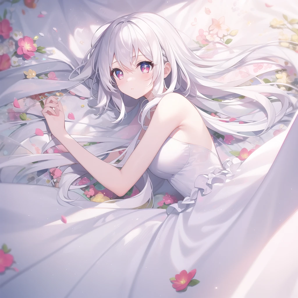 1 girl, White medium hair, light pink eyes, center parted hair, Cute, blush, Medium breasts, White dress, Flower garden, noon, blue sky, Beautiful