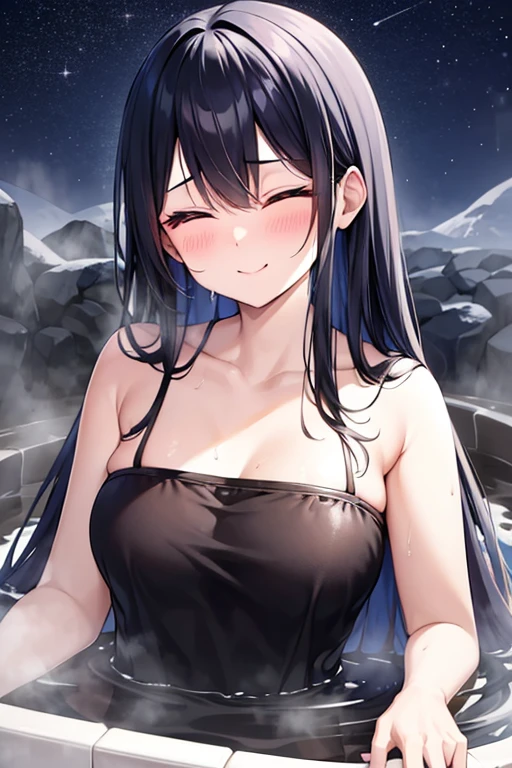 best quality, masterpiece, highres, solo,  black_hair, long_hair, red_eyes,huge breasts, hair_between_eyes, headgear, large_breasts, smile, nude, navel, blush,,indoor,,open mouth,wide hips,milf,nsfw, ,tall,leggy,cleavage,navel,sitting,cowboy shot,sweat,wet,onsen,outdoor,night,moon