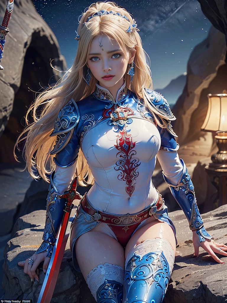 (((masterpiece, best quality))), (((high quality))), (((high resolution illustration))), (((hyper detail))),NSFW, (((Wordsworth's Sharon))),(((Very beautiful long blonde hair))), (((Very beautiful face))), ((((Detailed face)))),(((very beautiful blue eyes))),(((Realistic Skin))),(((her face is flushed))),(((slim body))),(((slim thighs))),(((small breasts))),(((very beautiful slender legs))),(((knight armor with extremely detailed and intricate decoration))),(((A skirt with extremely detailed and intricate decoration))),(((Boots with extremely detailed and intricate decoration))),(((A cloak with very detailed and