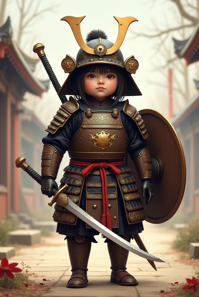 Maruju family crest on black background, 1 girl, Big samurai armor with majestic handprint of red thread, (fine brown eyes, jet black hair,inner color orange ombre hair multicolored hair, curly):1.21, black gold and red theme: A magnificent piece of Muromachi style, Golden decorative armor wrapped in a helmet of fantastic light.: bowl: Black painted 32-meter full coverage Ako snake-shaped helmet tinted（Shikoro）: Black painted cyanosis three-section board front: Genuine brass gold foil stamped crescent moon armor: body: Black Tu Xiaozha, Various types of brave chest armor:1.46 Sleeves: Black Tu Xiaozha, 6th tier Various weights Glass print: black book, various small denomination banknotes, 6 rooms, 5th floor accessories: gauntlet: 黒塗装のスリーピースチューブgauntletアーム: Large black standing arm Passage: real gold leaf shield