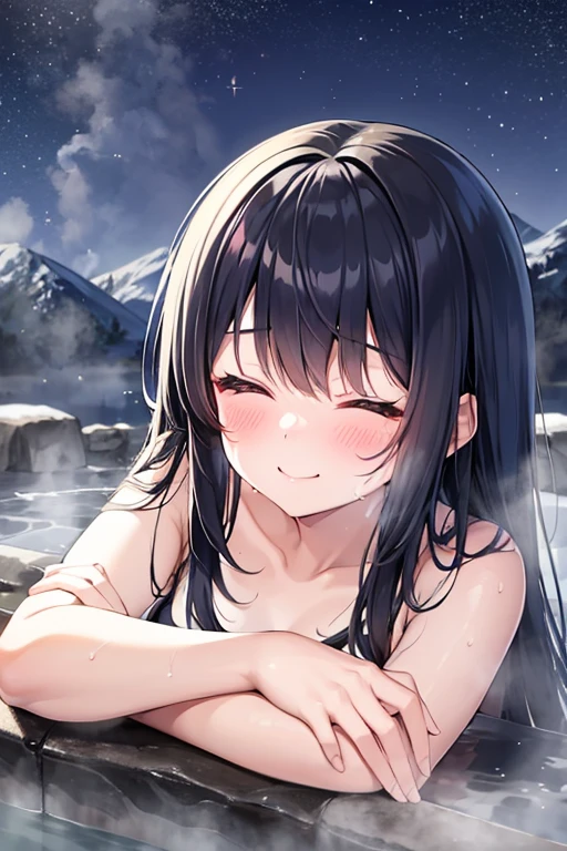 dia kurosawa, long hair, bangs, black hair, hair ornament, green eyes, sidelocks, hairclip, blunt bangs,  , empty eyes , large breasts, nipple, Running, , Heavy snowfall area　frozen  ,(Sweating profusely, Love juice, Wet Woman, female ejaculation),  crying mountain Alone, crying, Naked, solo, 1girl,  Peeing, lactation, projectile lactation