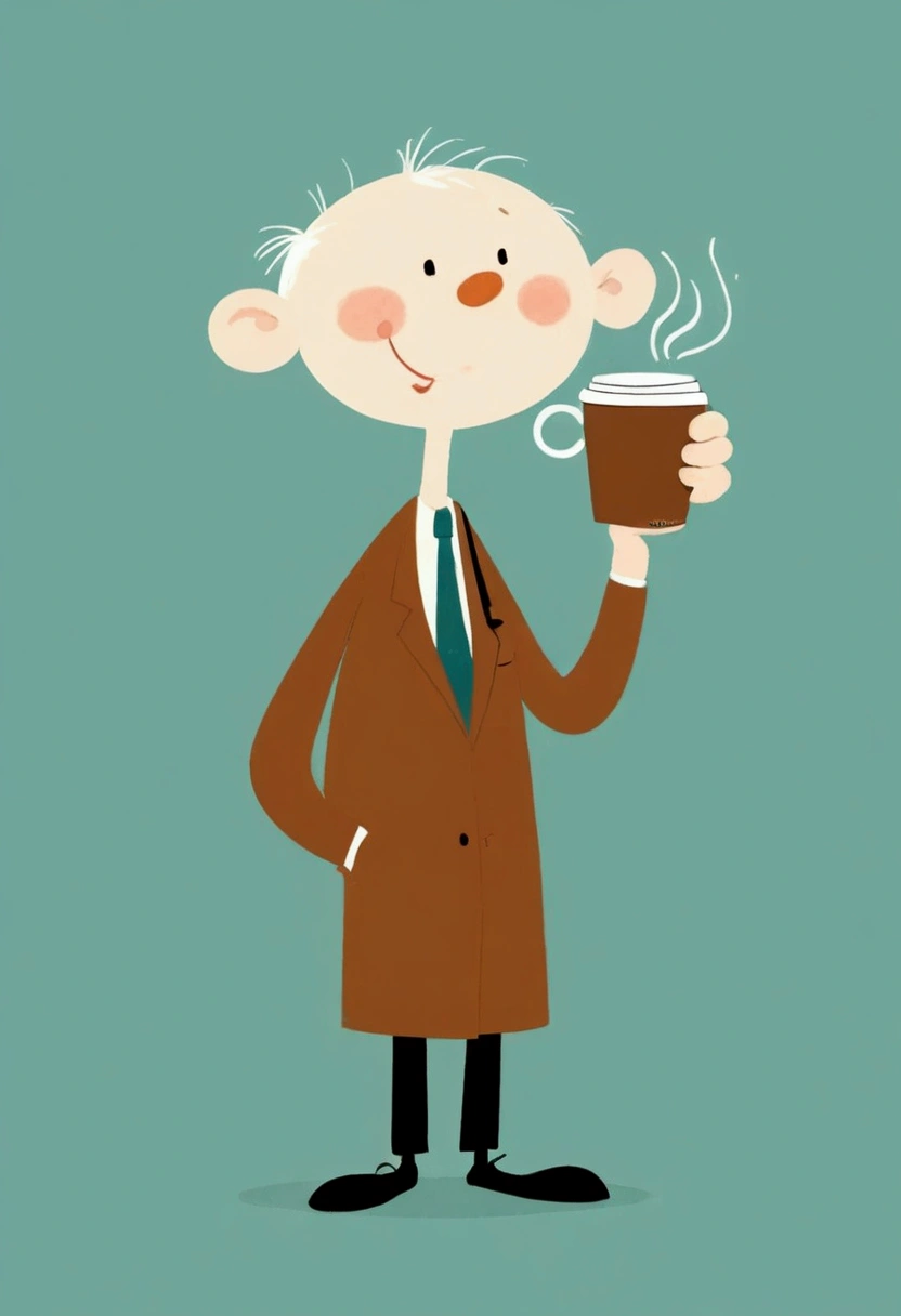 Stickman stick figure，Cartoon grandfather drinking coffee。Unique。cute