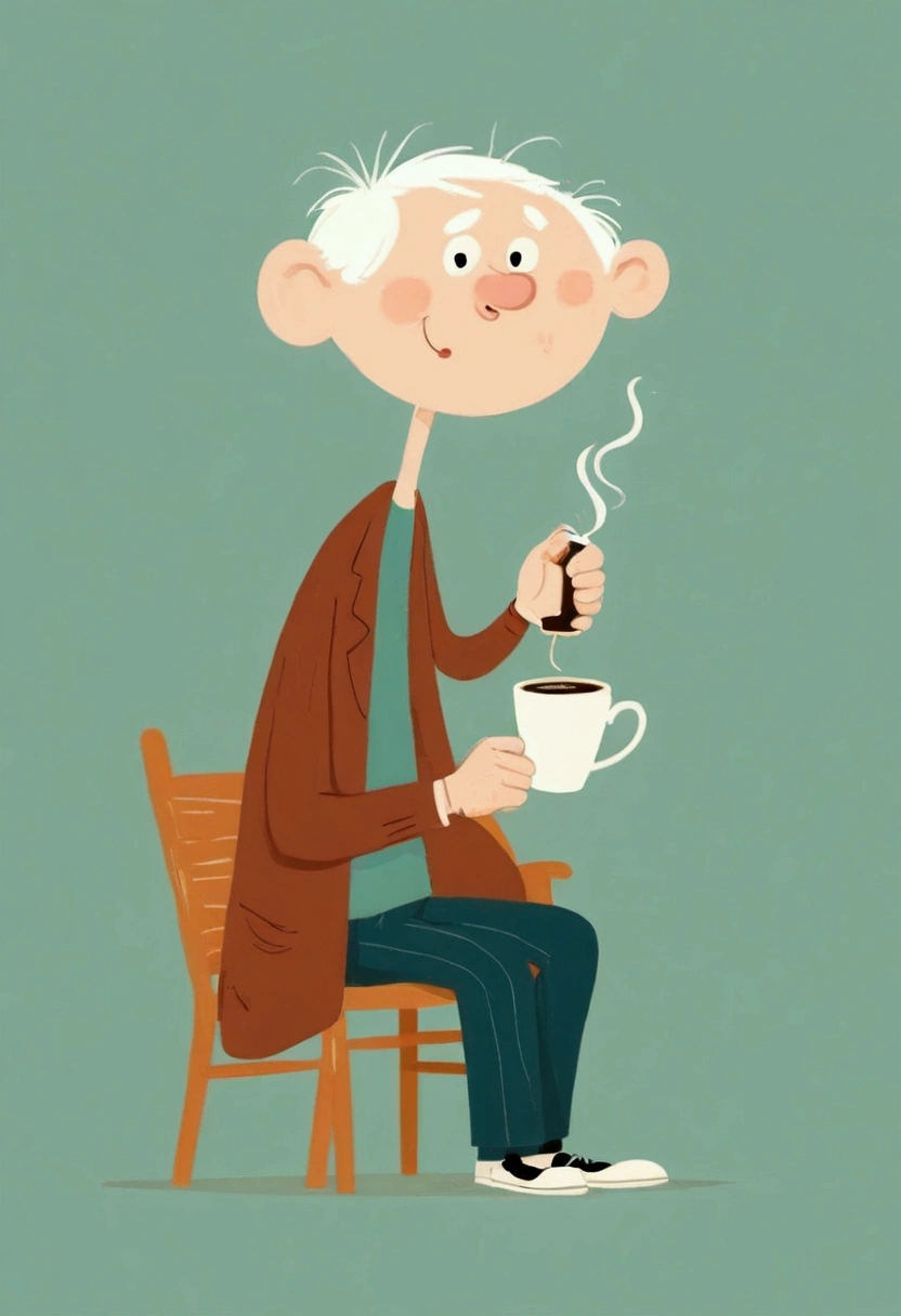 Stickman stick figure，Cartoon grandfather drinking coffee。Unique。cute