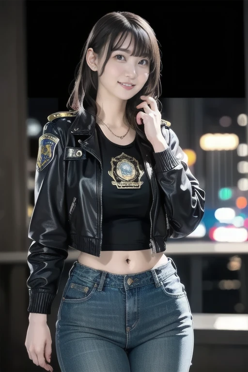 Natlp portrait of beautiful female model., Georgia Fowler, Beautiful Face, Short dark brown hair, Cyberpunk city at night. She is wearing a leather jacket., Jeans Negros, Dramatic lighting, (Police Badge:1.2)